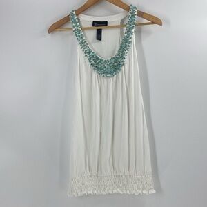 INC white long tunic top with turquoise beading medium spring summer